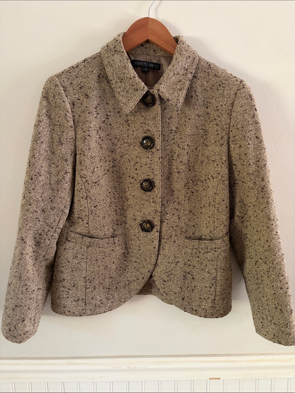 Lafayette 148 New York Wool and Cashmere Blend Speckled Beige Tweed Blazer